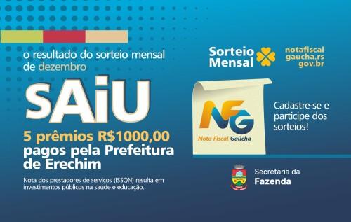Ganhadores dos prêmiospagos pelo município de Erechim no programa Nota Fiscal Gaúcha de dezembro