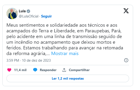 Lula lamenta mortes em assentamento do MST e promete avançar na Reforma Agrária