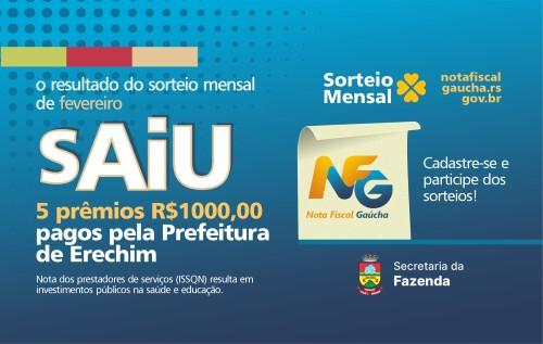 Ganhadores do sorteio da Nota Fiscal Gaúcha de Erechim em 29/02/2024