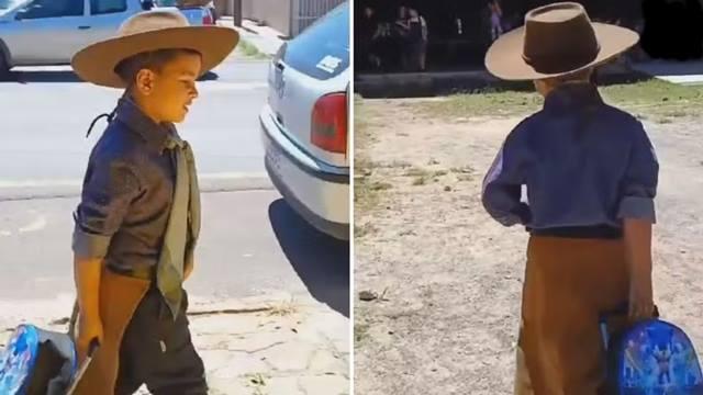 Guri de 6 anos vai à escola pilchado dispensando roupas comuns