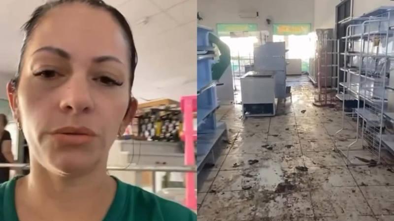 Dona de supermercado poupado pelas enchentes chora ao ver sua loja saqueada no RS