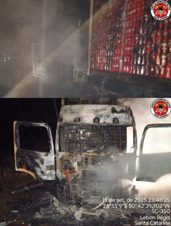 Caminhão carregado com cerveja é consumido pelo fogo em SC