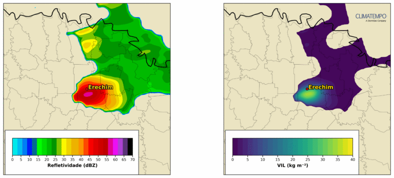 Figura 1: Imagens do radar meteorológico de Porto Alegre às 16h45 do dia 23 de novembro de 2025, mostrando a tempestade de granizo sobre Erechim. Na esquerda temos a refletividade (dBZ) e na direita a massa de água integrada verticalmente (VIL). Fonte: Climatempo e CMDEC / Defesa Civil Estadual.