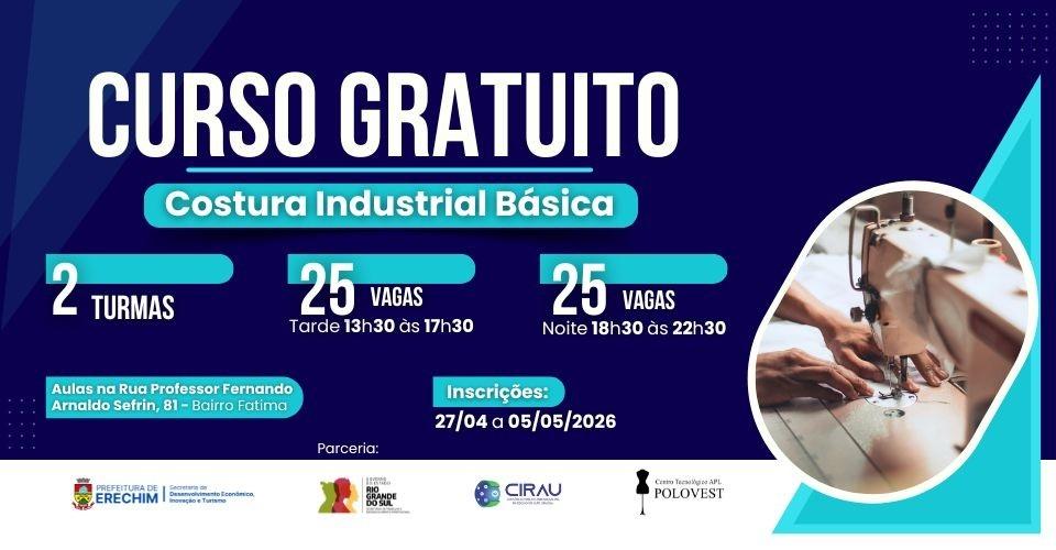 Curso gratuito de costura industrial abre 50 vagas em Erechim