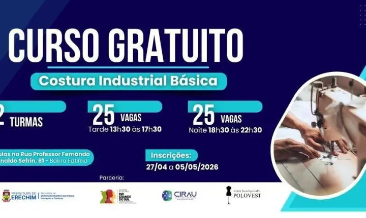 Curso gratuito de costura industrial abre 50 vagas em Erechim
